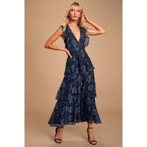 Molinetto Navy Blue Lace Ruffled Tiered Sleeveless Maxi Dress